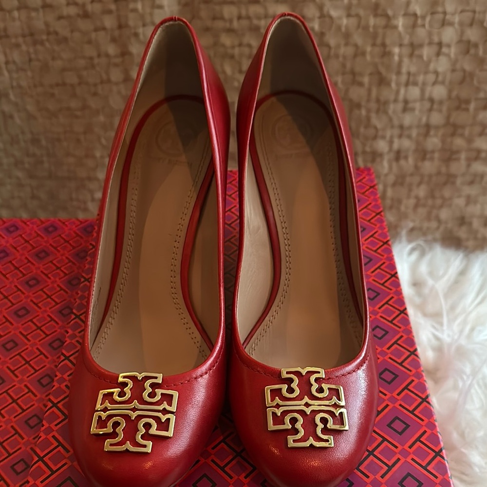Tory Burch Red Wedge Shoes with Gold Accent